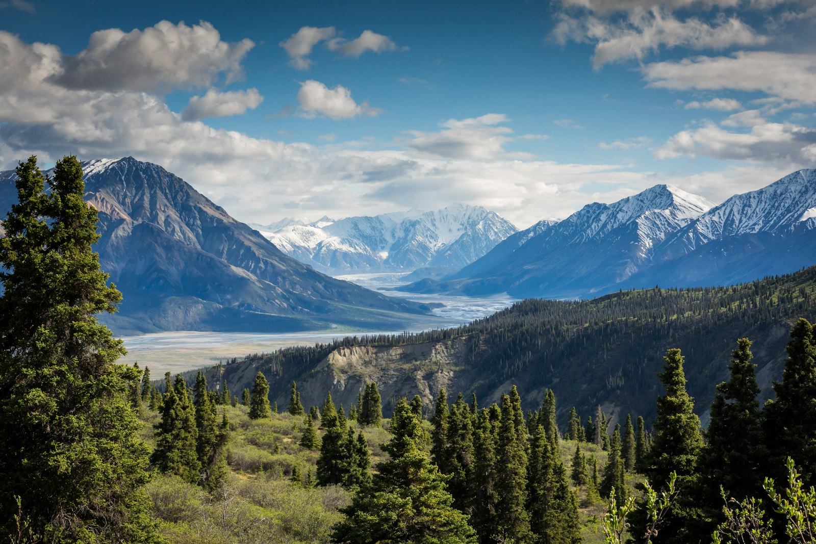 Snow mountains above a forested valley