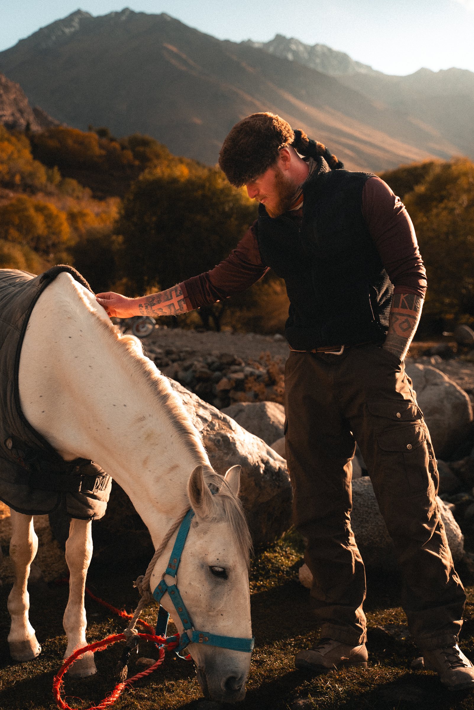 A Frontiersman with a white horse in a golden valley